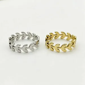 Detailed view of silver and gold stainless steel rings featuring an olive leaf design.
