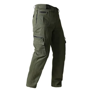 Men's multi-pocket cotton cargo pants in army green with straight leg design