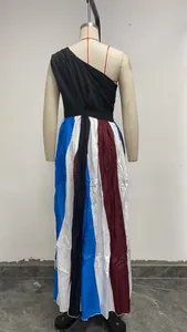 Detailed back view of a color-block patchwork off-shoulder maxi dress shown on a mannequin