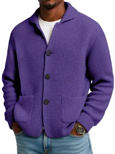 Detailed close-up showing texture of a men's purple waffle knit jacket with lapel collar.
