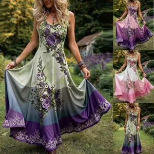 Robe longue bohème chic avec imprimé floral, taille ajustée et jupe évasée fluide