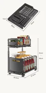 Detailed dimensions of double-tier sliding kitchen organizer showing folded and expanded heights