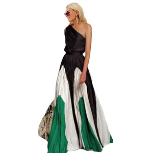 Elegant one-shoulder color-blocked pleated maxi dress for summer evening cocktail parties