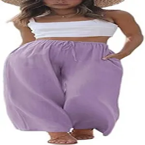Détail du pantalon large en coton lin violet avec cordon et poches latérales