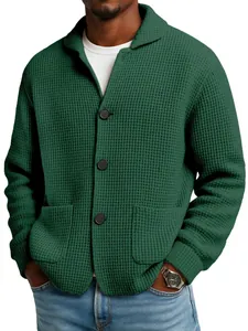 High-quality detail of a men's green waffle-knit cardigan jacket with lapel and pockets