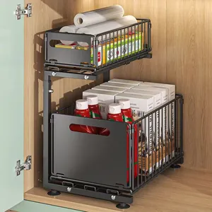 L-Shaped 2-Tier Under Sink Organizer Sliding Drawer Cabinet Storage Rack Adjustable Height Carbon Steel Rack For Kitchen