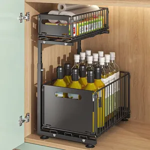 2-tier black metal pull-out under-sink organizer for kitchen cabinet storage