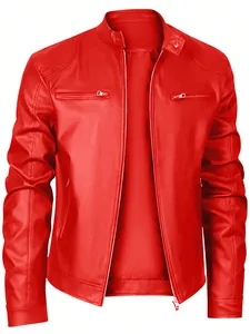 Giacca in ecopelle rossa da uomo con colletto alla coreana e design slim fit moderno