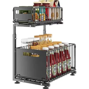 Two-tier sliding under sink organizer and pull-out storage rack for kitchen cabinet storage