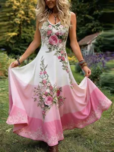 Robe longue élégante blanc et rose avec imprimé floral et ourlet évasé pour femmes chic