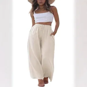 Pantalon Large en Coton et Lin pour Femmes Taille Haute Cordon de Serrage Ample Droit Pantalon Décontracté avec Poches Grande Taille Mode Bas