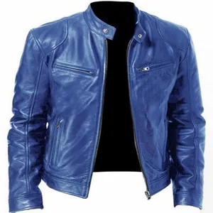 Giacca da uomo in ecopelle blu slim-fit con colletto alla coreana e cerniere moda