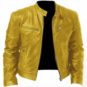 Dettaglio giacca in pelle PU gialla slim fit con colletto alla coreana e zip