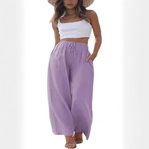 Pantalon large décontracté en coton et lin pour femmes avec cordon et poches violet