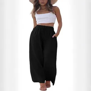 Pantalon large en coton lin noir pour femme avec cordon de serrage et poches