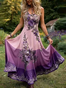 Robe maxi bohème à fleurs violettes avec ourlet dégradé pour le printemps et l'été