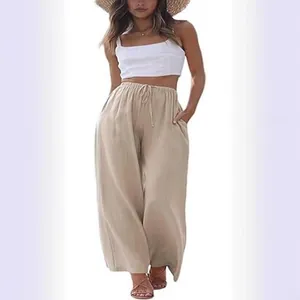 Pantalon large en coton et lin à taille haute avec cordon de serrage décontracté