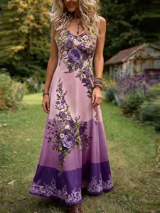 Robe longue sans manches avec imprimé floral violet et dégradé pour femmes.