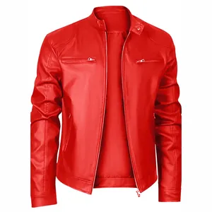 Giacca da uomo rossa in pelle PU slim fit con colletto alla coreana e tasche con zip