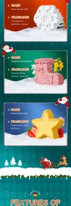 Detailed features of Christmas bath bomb set with snowflake star and boot shapes in various scents