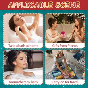 Festive Christmas bath bomb gift set shown in home bath, travel and gifting scenes