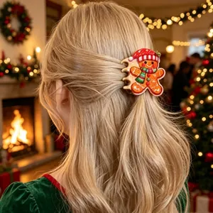 Back view of a blonde model wearing a cute gingerbread man hair claw clip in Christmas setting.