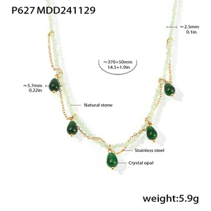 Detailed view of green beaded necklace with opal water drop pendants and dimensions.