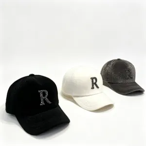 Warm fuzzy autumn winter baseball caps for women with rhinestone letter R detail