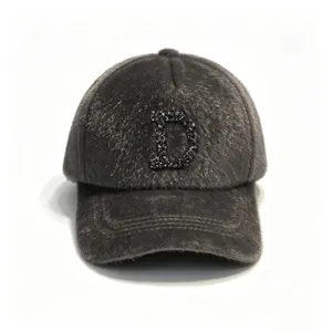 Grey faux mink fur baseball cap featuring a sparkling rhinestone letter D design