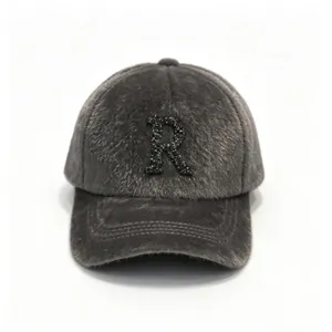 Premium gray faux mink fur baseball cap for women with rhinestone letter R winter accessory