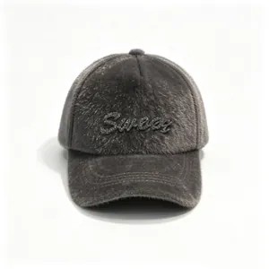 Close-up detail of gray faux fur baseball cap featuring rhinestone Sweet embroidery