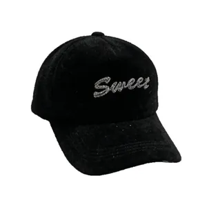 Winter warm black faux mink fur baseball cap featuring Sweet rhinestone glitter lettering
