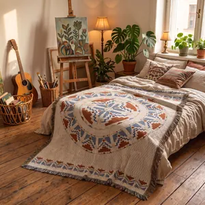 Detailed view of a Bohemian woven throw blanket with tassels in an artistic bedroom.