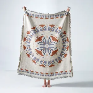 Large Bohemian throw blanket with fringe featuring a detailed ethnic geometric pattern
