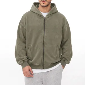 Felpa con cappuccio e zip da uomo in cotone vintage lavato 320G, vestibilità ampia
