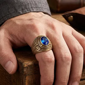 Vintage titanium steel army ring with large blue faceted gemstone and relief engraving