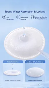 Macro view of round embossed cotton pad absorbing water droplet showing high absorbency