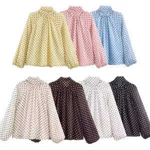 Damen Polka Dot Blouse Chiffon Lange Mouwen Strikkraag Lantaarnmouwen Retro Elegant Mode Top Casual Voor Op Kantoor