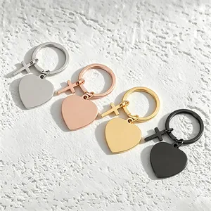 Minimalist Metal Cross Heart Keychain For Men Women Religious Blank Engravable Pendant Key Ring Personalized Metal Jewelry Gift
