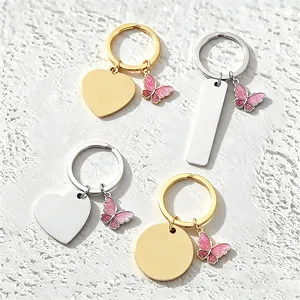 Stainless Steel Butterfly Keychain With Blank Heart Round Tag Pendant For Women Bag Accessory Fashion Jewelry Gift