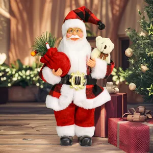9cm standing Santa Claus figurine in red buffalo plaid outfit holding a white teddy bear