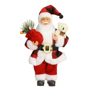 9cm standing Santa Claus figurine in buffalo plaid holding a white teddy bear decoration