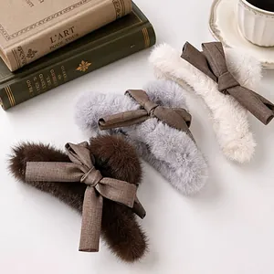 Faux Fur Plush Hair Claw Clip With Fabric Bowknot Large Shark Clip Elegant Autumn Winter Hair Accessories For Women