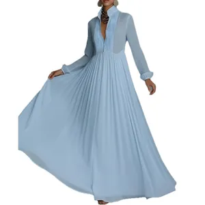 Robe longue plissée bleu clair élégante avec col en V et manches longues pour femmes