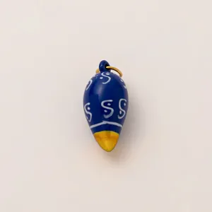 Ceramic teardrop pendant with blue white patterns and gold tip