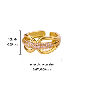 Close-up detail showing size measurements of the pink zircon open ring