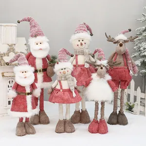 Christmas Retractable Doll Plush Santa Claus Snowman Reindeer Figurine Fabric Telescopic Leg Holiday Home Decor Gift