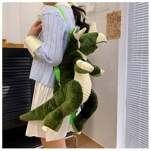 Dettaglio di un grande zaino in peluche triceratops verde indossato da un modello.