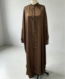 Brown striped stand collar long shirt and wide-leg pants set shown on mannequin