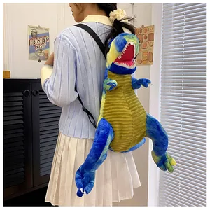 Vista lifestyle del grande zaino di dinosauro peluche T-Rex in blu e verde per bambini